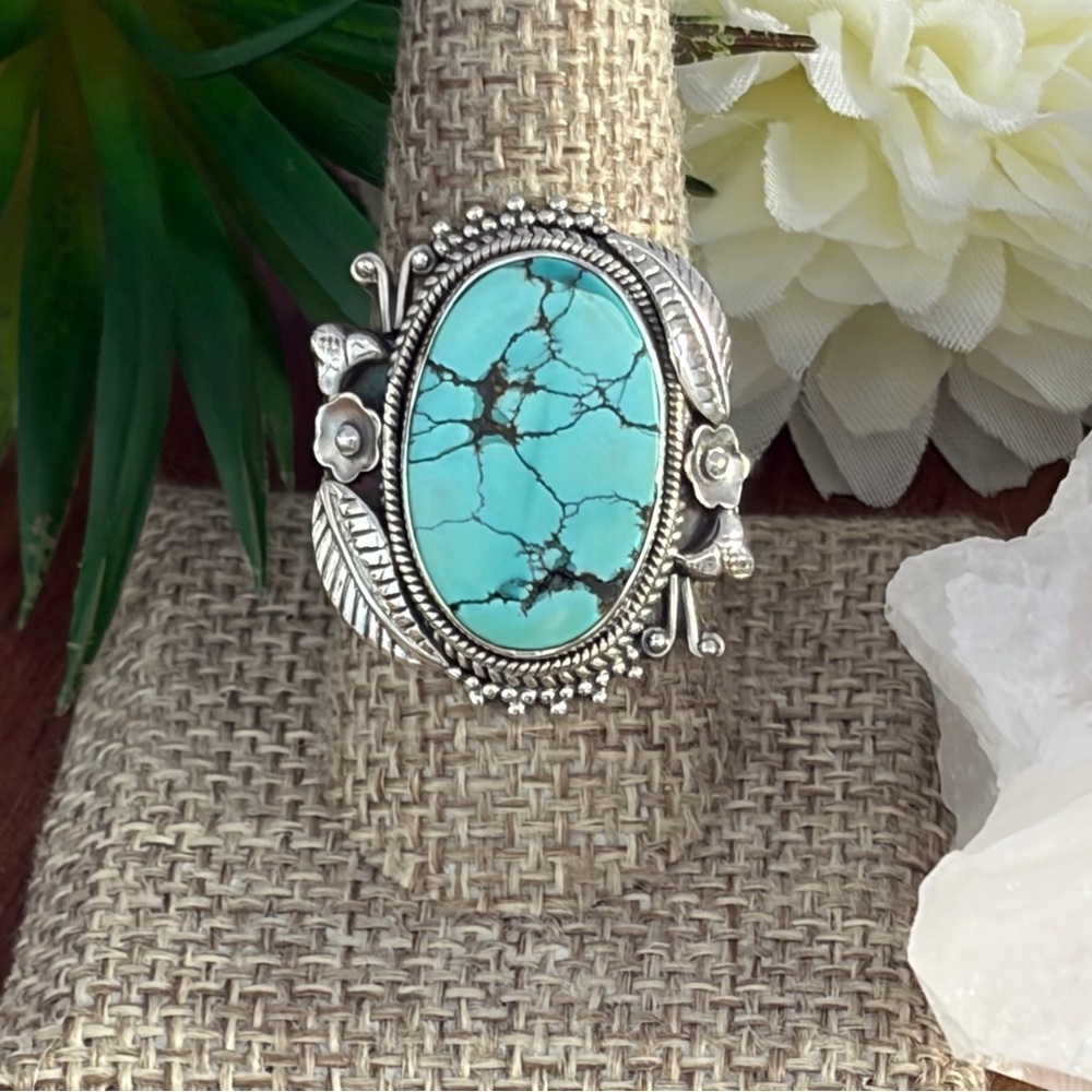 Southwest Spiderweb Turquoise Ring Size 9 Navajo Style Pure Sterling Silver 925 - Picture 5 of 11
